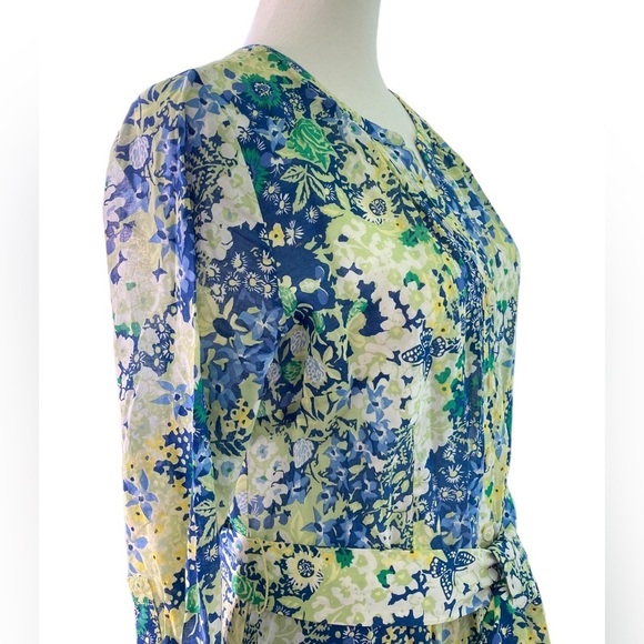 Talbots Cotton Tie Waist Button-Down Split Neck Yellow/Blue Floral Dress Size 4 - Picture 5 of 16